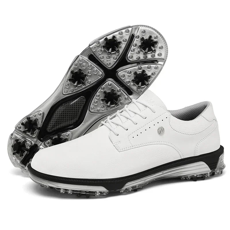 A pair of brown professional golf shoes with non-slip rubber soles and lace-up closure.