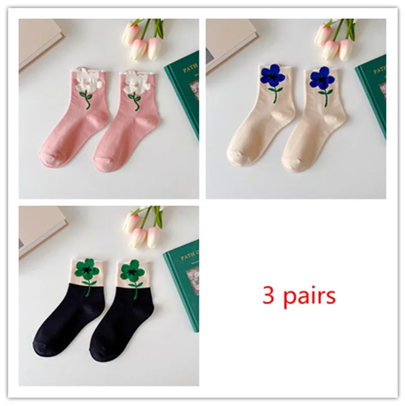 3 Pairs Cotton Floral Socks