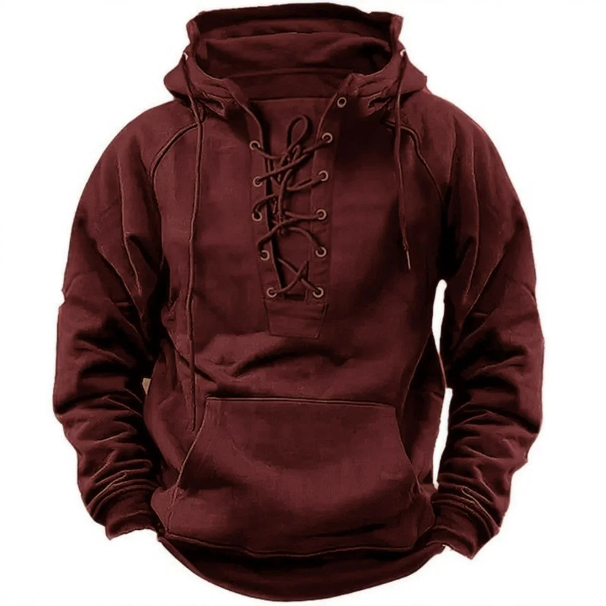 Maroon hoodie with lace-up front on a white background