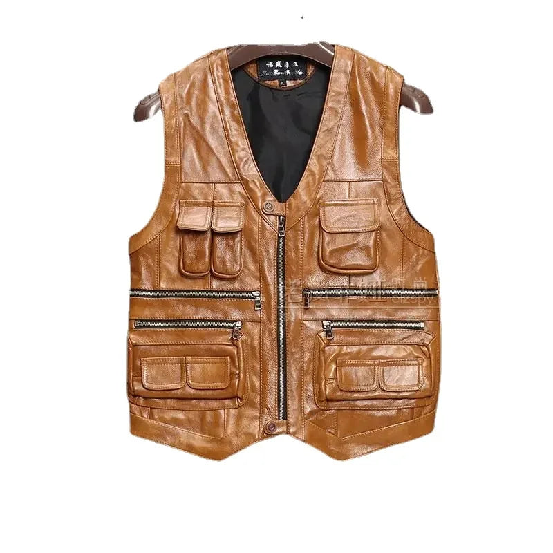 Brock Multi-Pocket Leather Motorcycle Vest