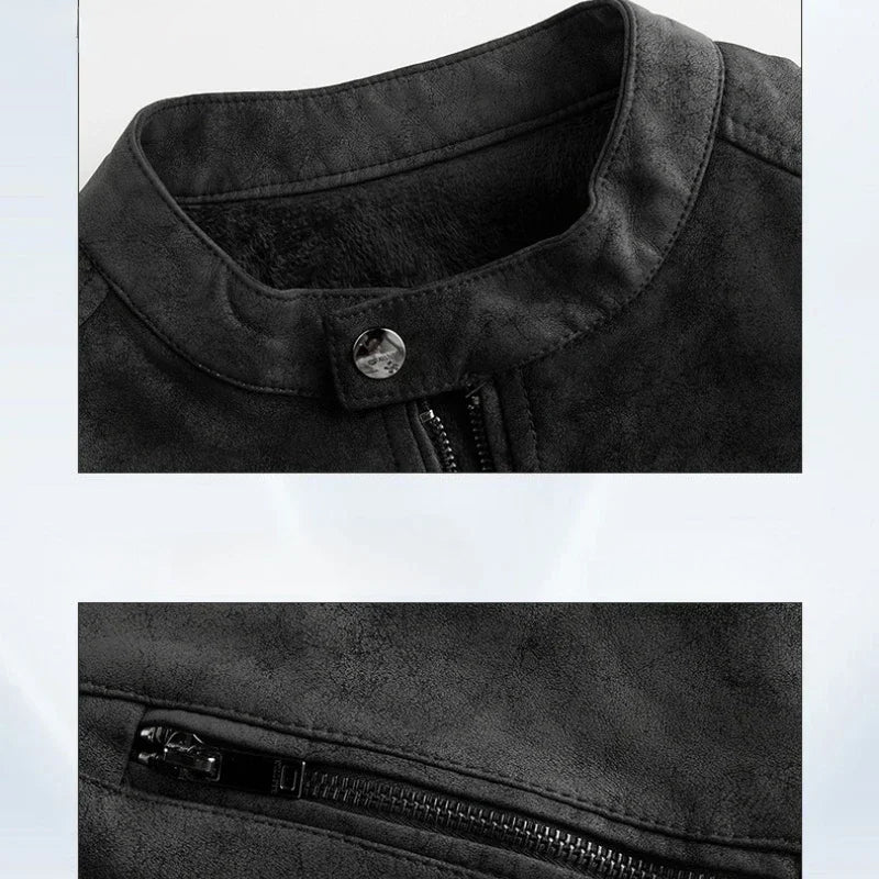 Close-up of a black jacket with a zipper and button detail on a light gray background