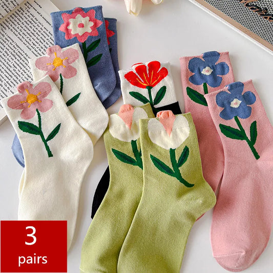 3 Pairs Cotton Floral Socks