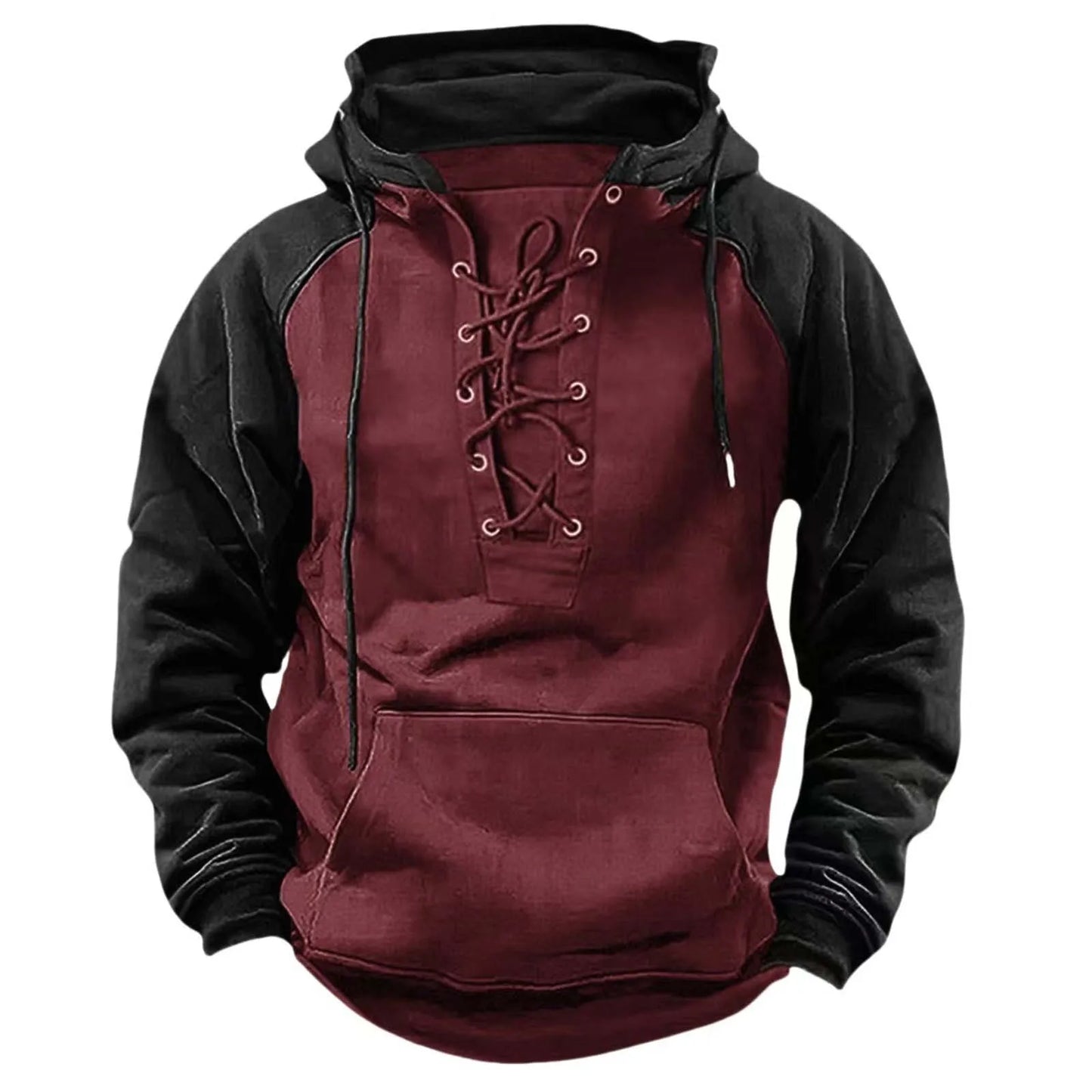 Maroon and black hoodie with lace-up front on a white background