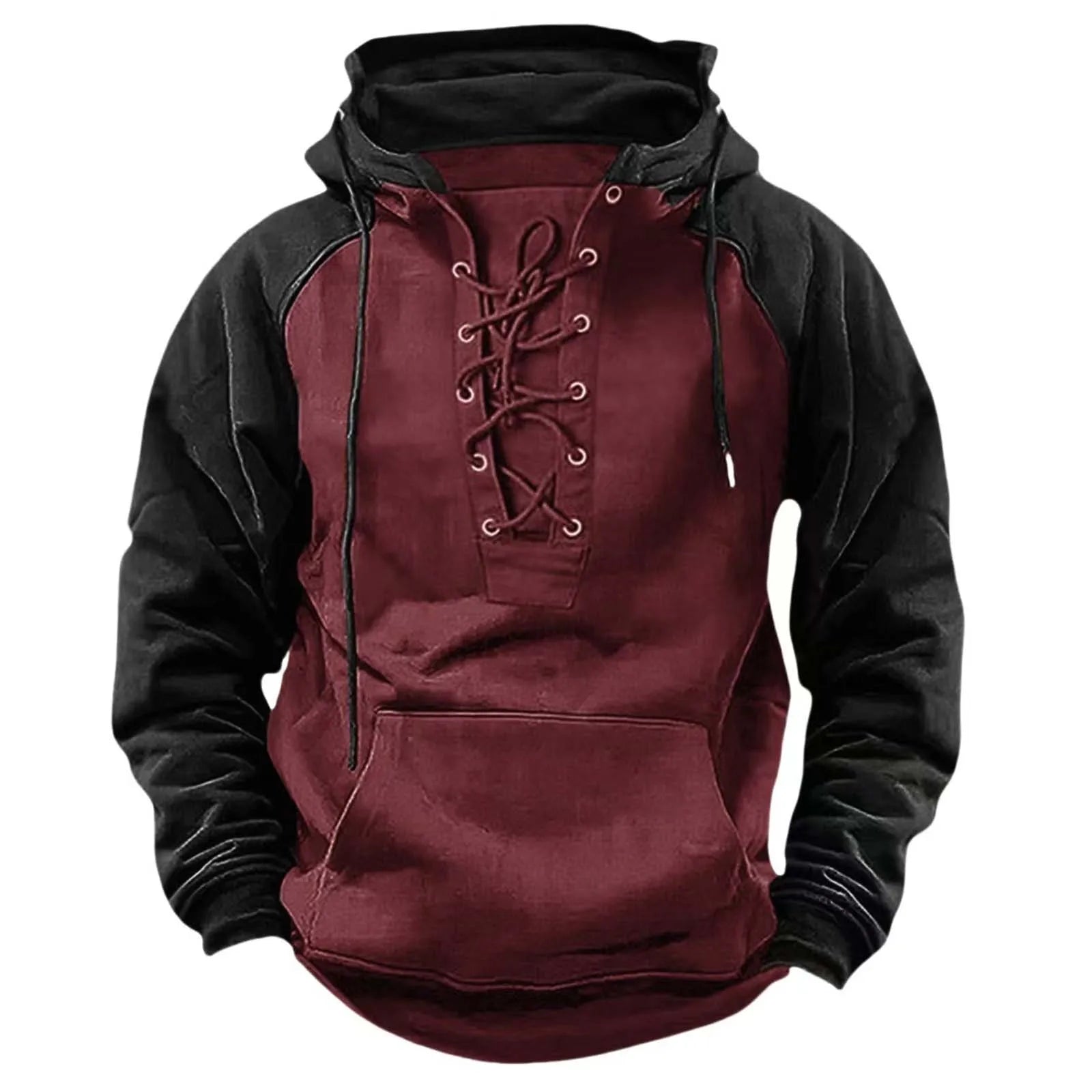 Maroon and black hoodie with lace-up front on a white background