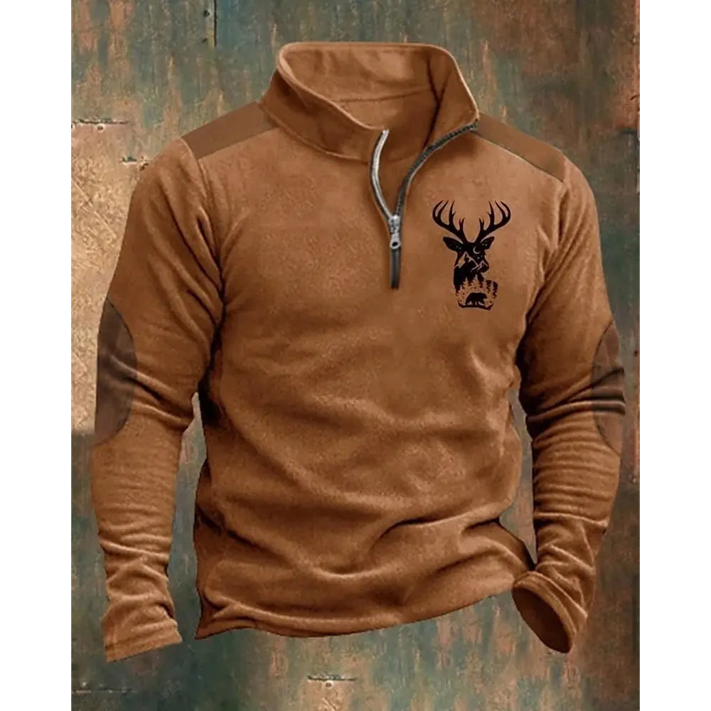 Brown fleece pullover with a deer logo on a textured background