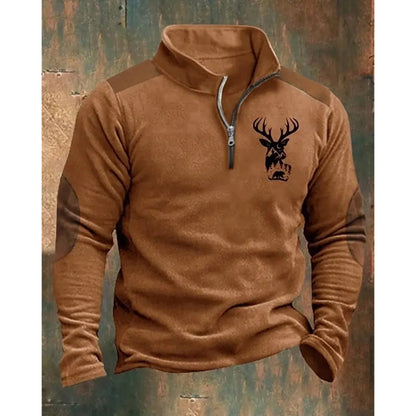 Brown fleece pullover with a deer logo on a textured background