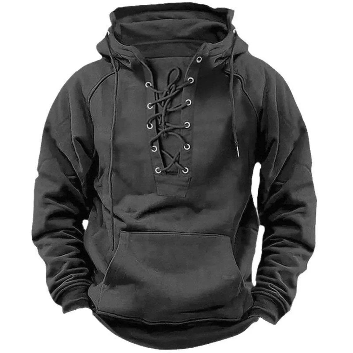 Black hoodie with lace-up front on a white background