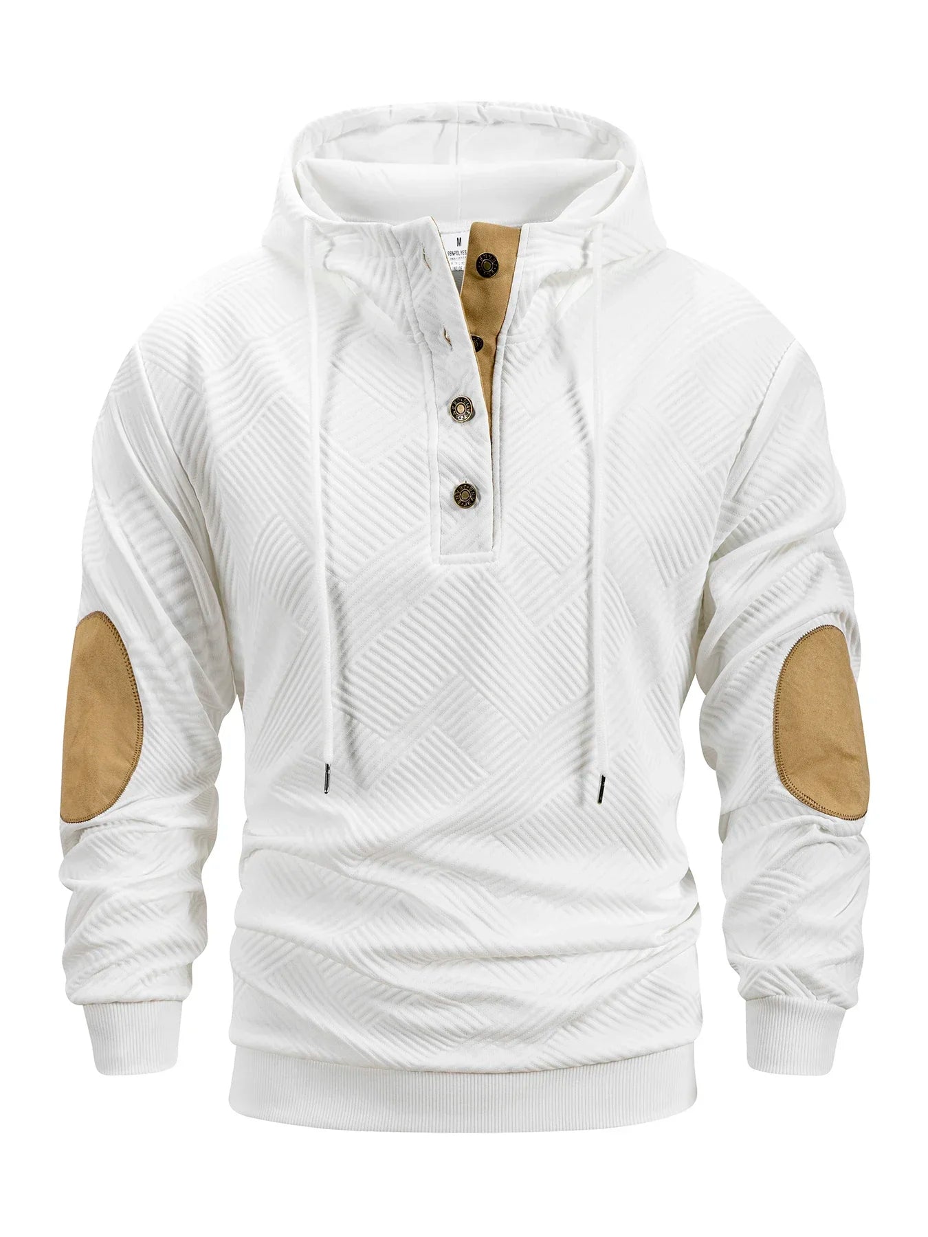 White hoodie with brown elbow patches on a white background