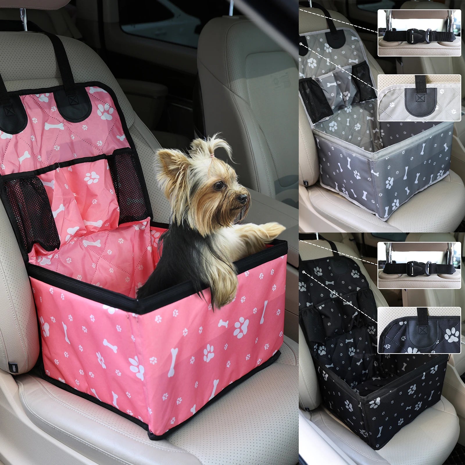 Pet car seat cover with pink and black designs on a car seat.