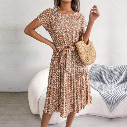 Floral Short Sleeve Pleated Dress