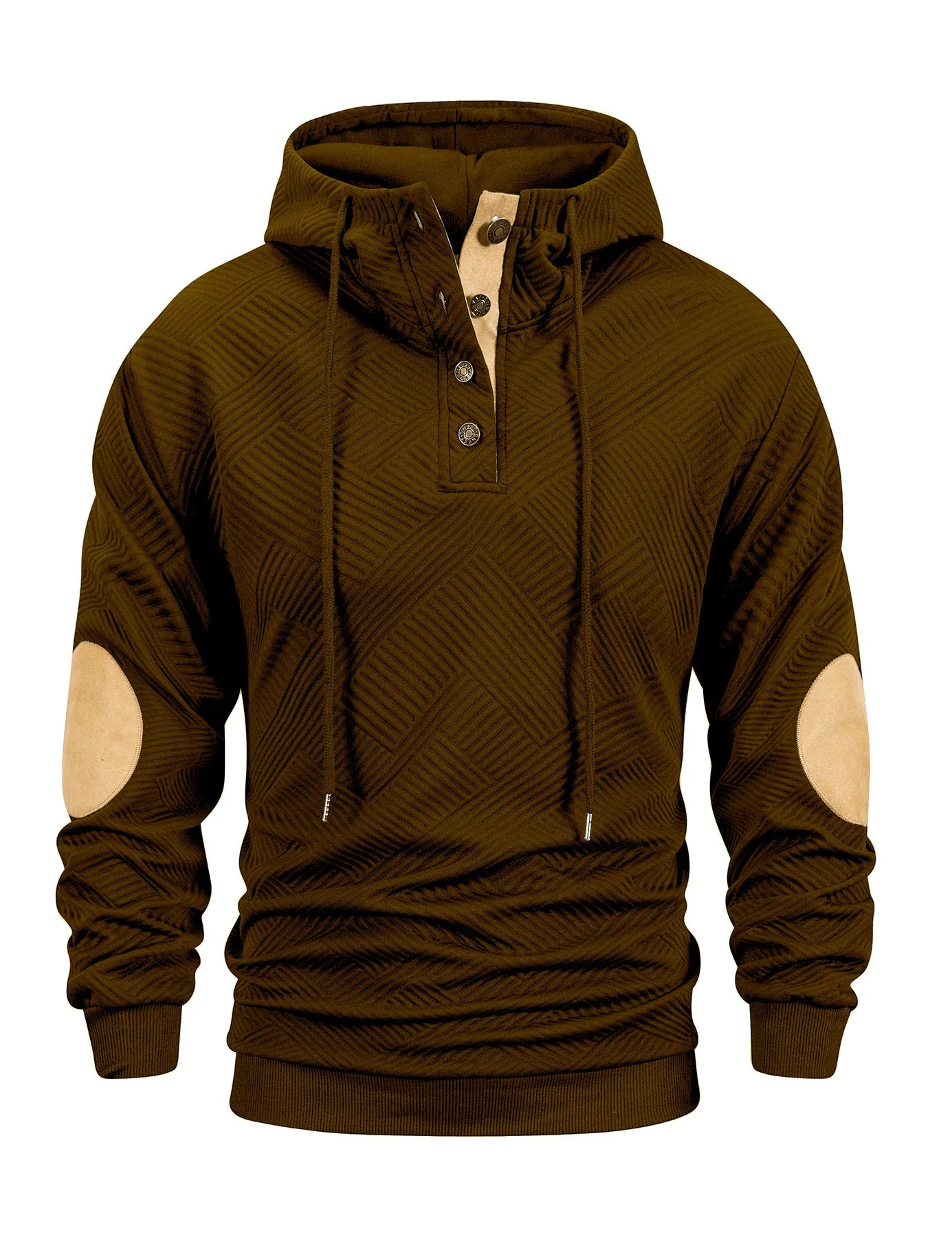 Brown hoodie with beige elbow patches on a white background