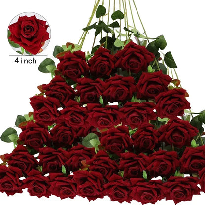 50 Pcs Artificial Real Touch Velvet Roses