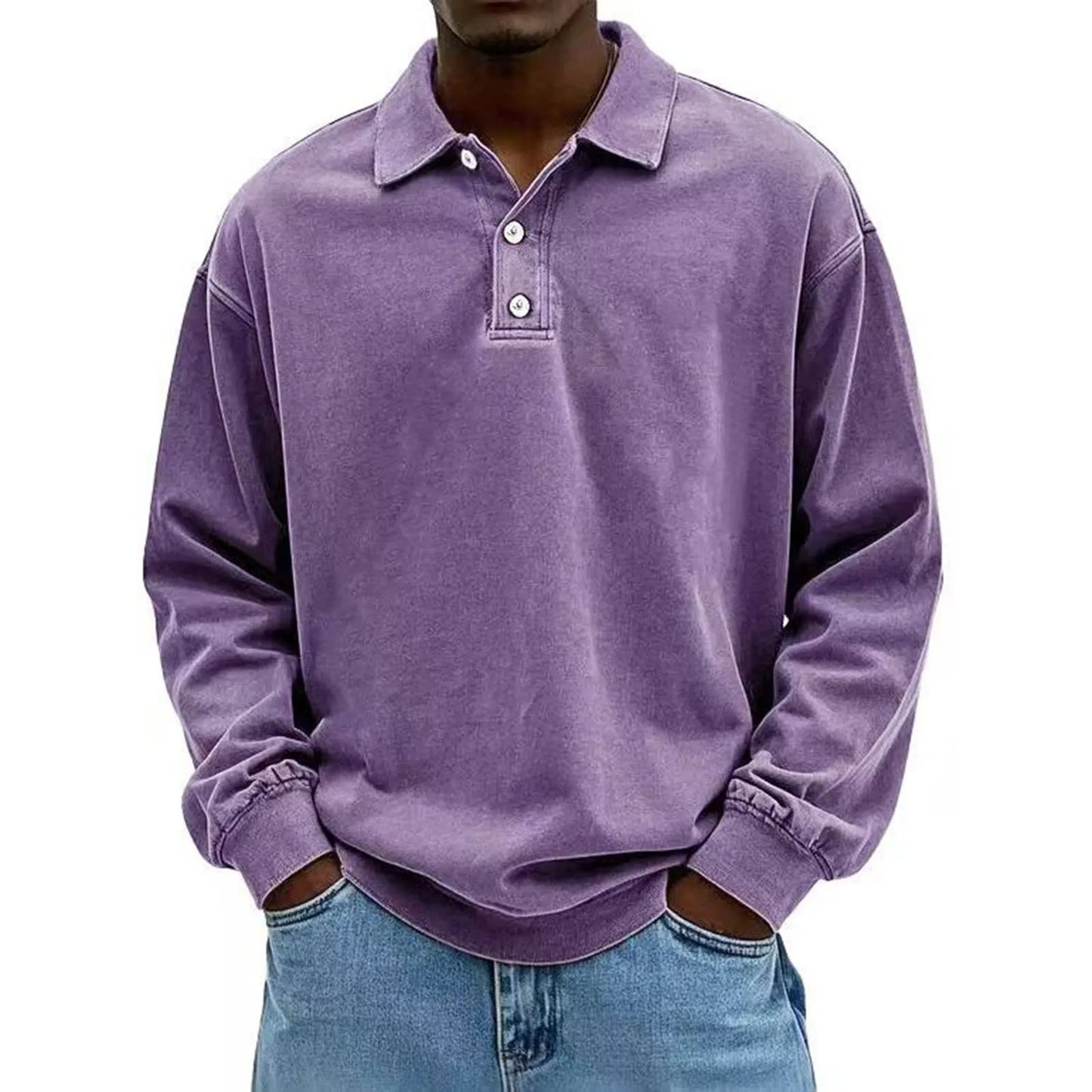 Person wearing a purple long-sleeve polo shirt on a white background