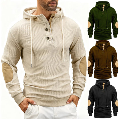Beige hoodie with elbow patches on a white background, surrounded by other color options.