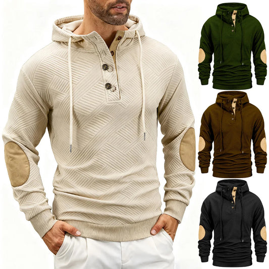 Beige hoodie with elbow patches on a white background, surrounded by other color options.