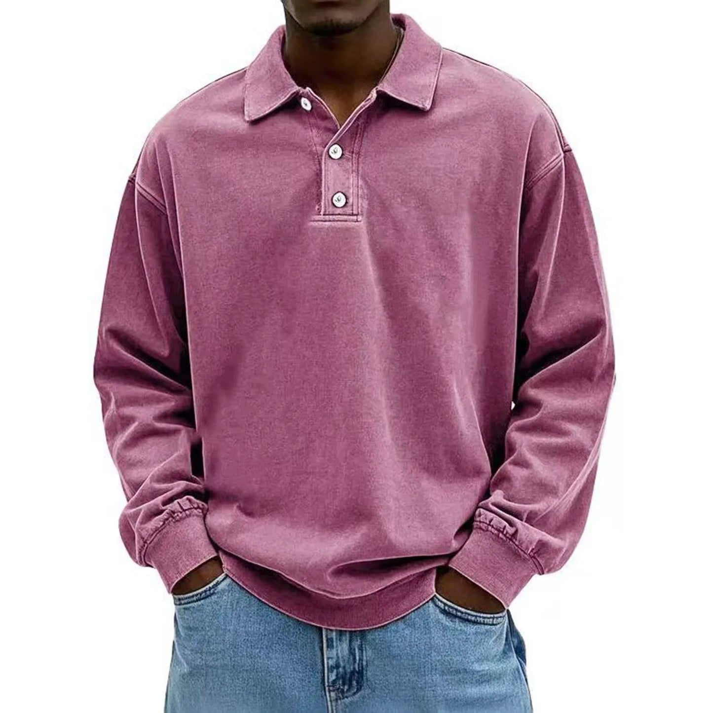 Person wearing a pink long-sleeve polo shirt on a white background