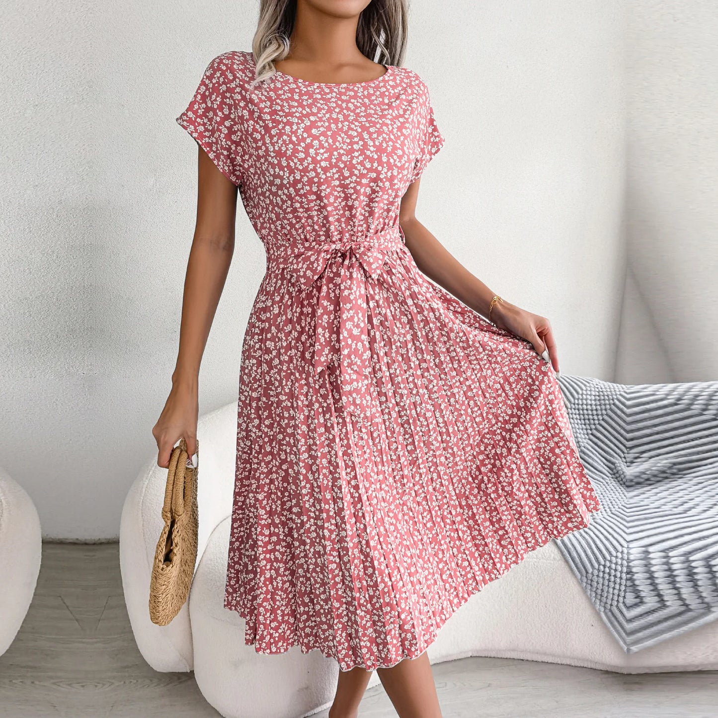 Floral Short Sleeve Pleated Dress