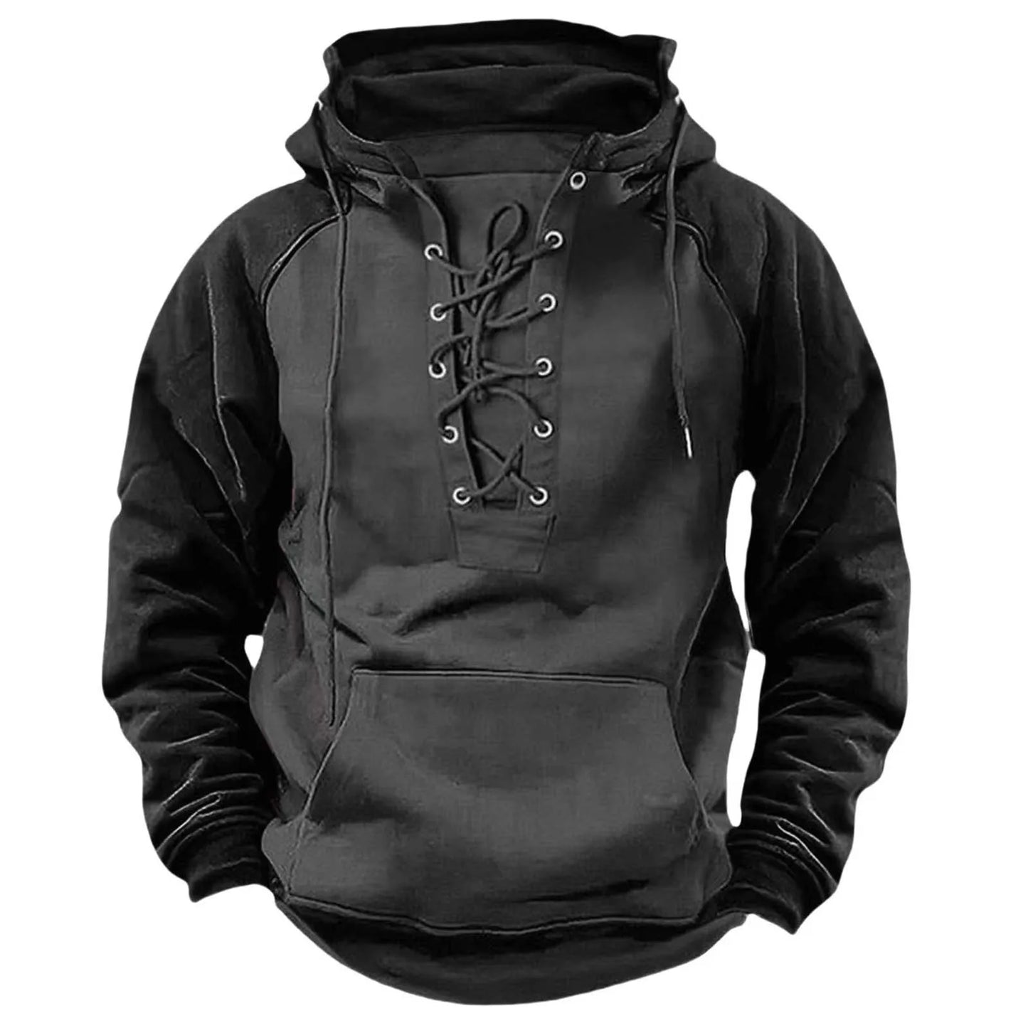 Black hoodie with lace-up front on a white background