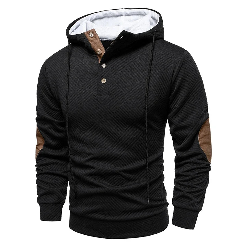 Black hoodie with brown accents on a white background