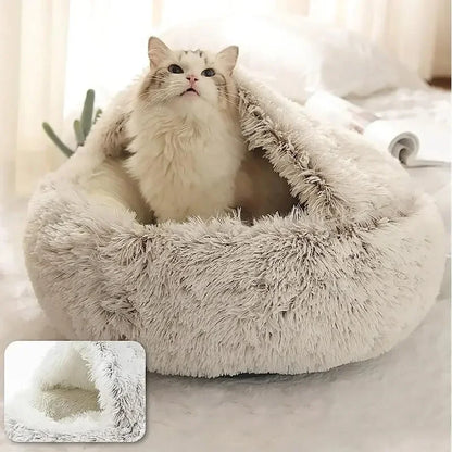 Fluffy pet bed with a cat inside, set against a soft, blurred background.