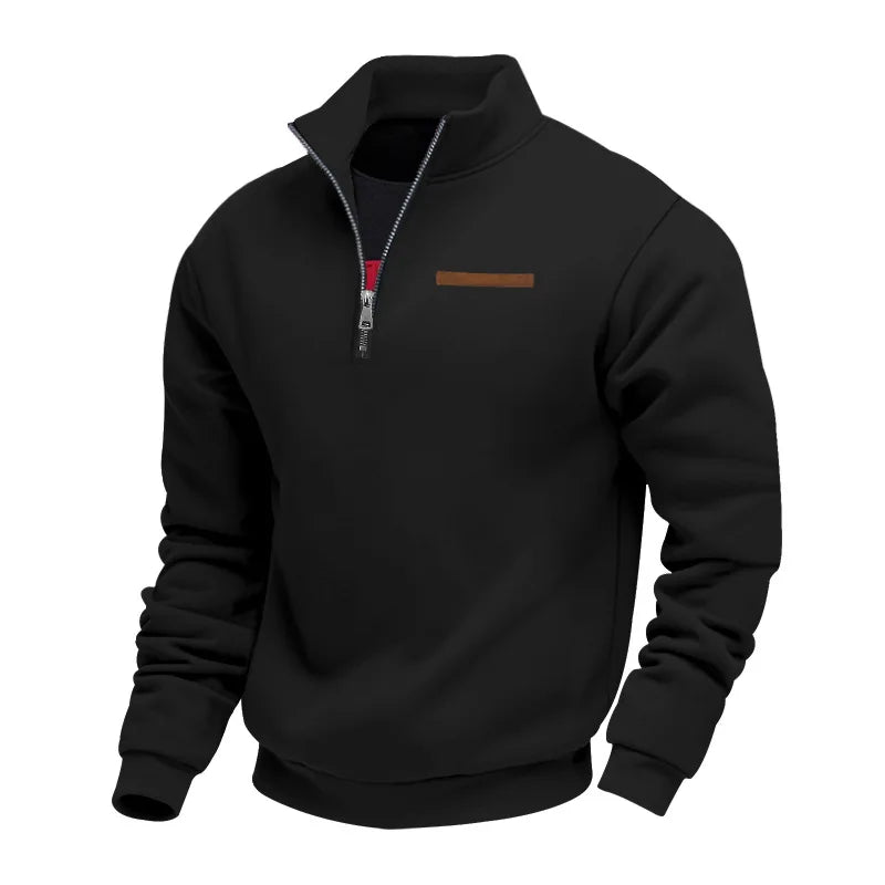 Black quarter-zip sweatshirt with a small brown logo on a white background