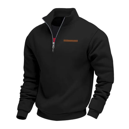 Black quarter-zip sweatshirt with a small brown logo on a white background