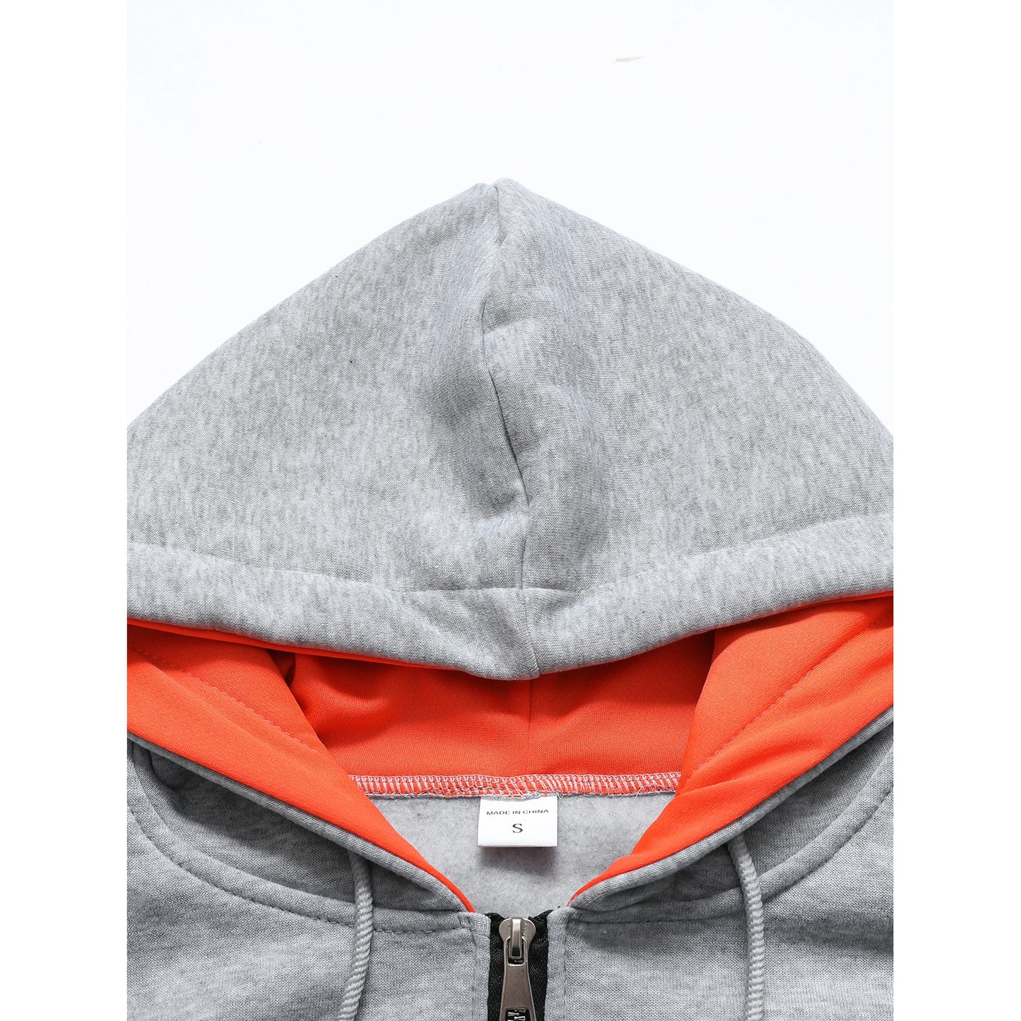 Gray hoodie with orange lining on a white background