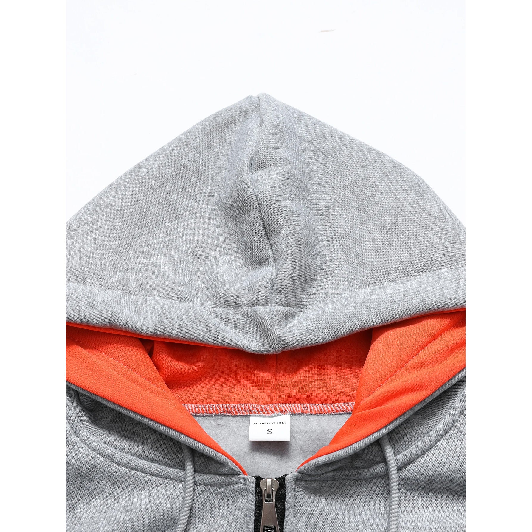 Gray hoodie with orange lining on a white background