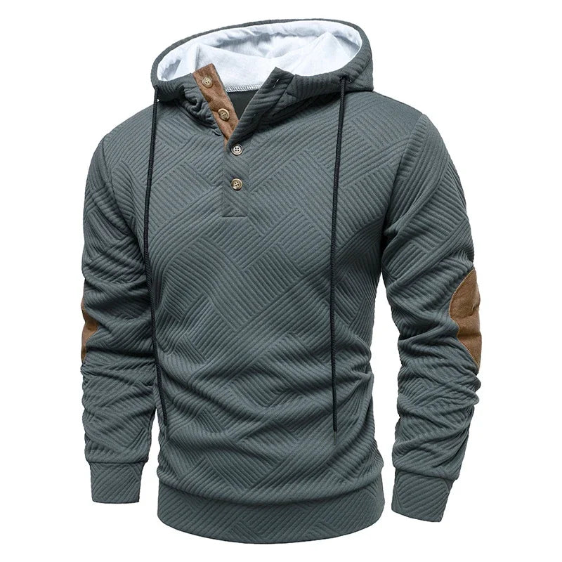 Gray hooded sweater with brown accents on a white background