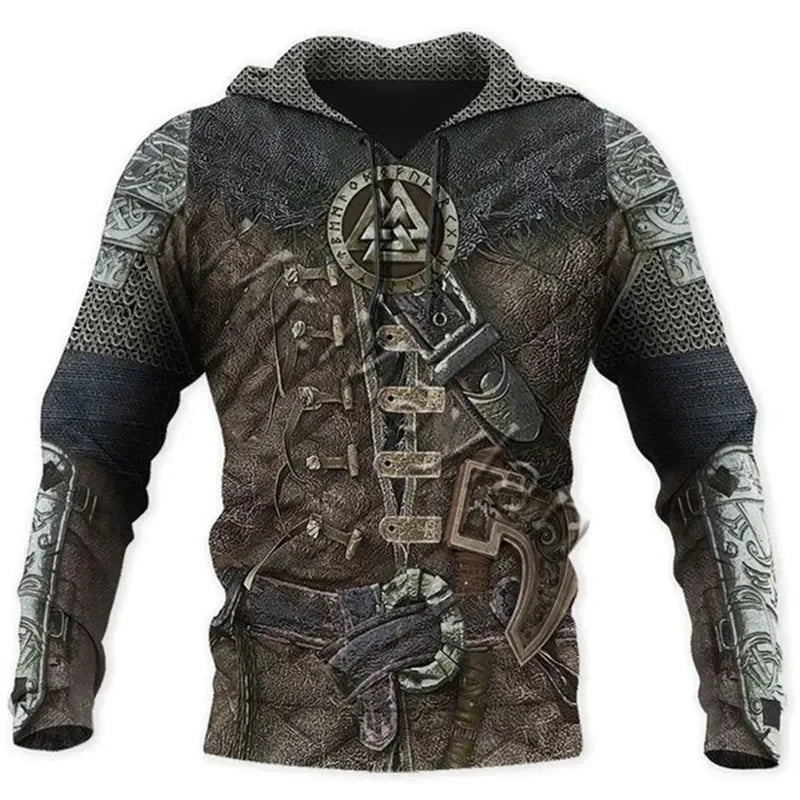 Viking-themed hoodie with intricate designs on a white background