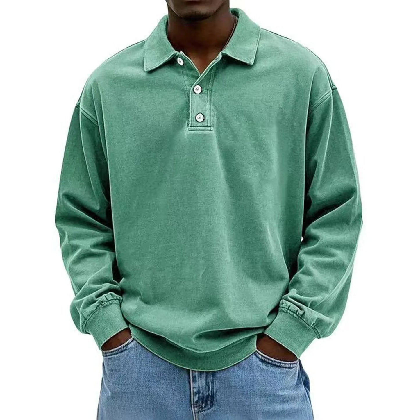 Green long-sleeve polo shirt worn by a person on a white background