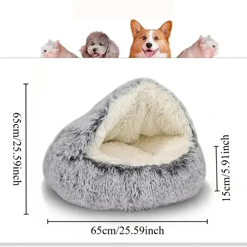 Fluffy pet bed with dimensions and images of dogs around it