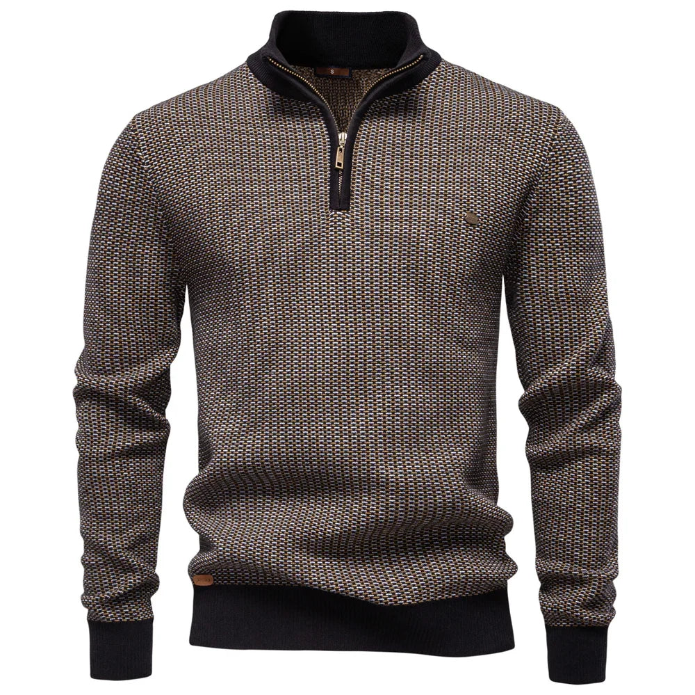 Brown knitted sweater with a quarter zip on a white background