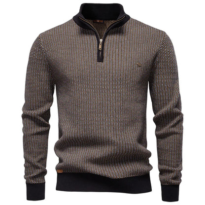 Brown knitted sweater with a quarter zip on a white background