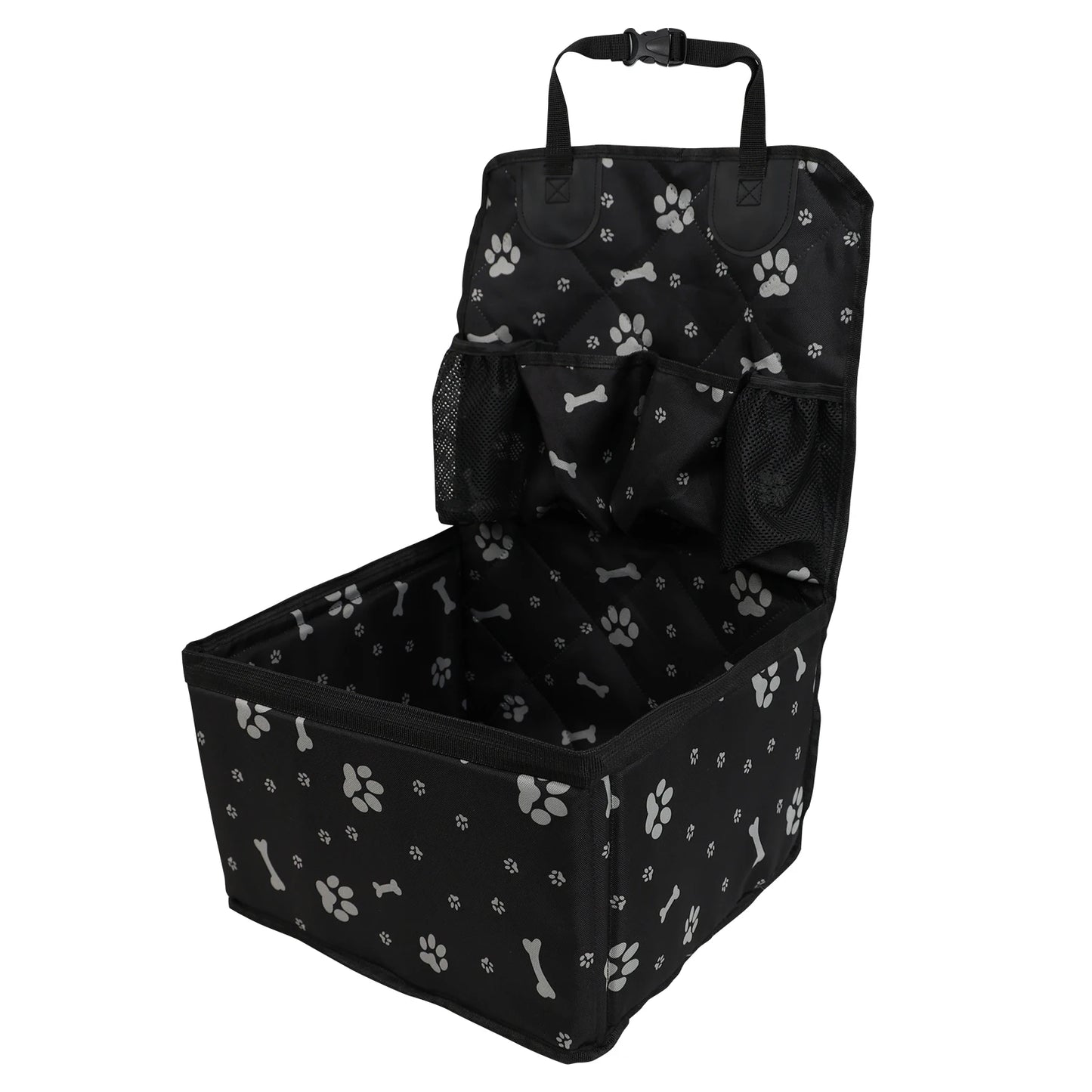 Black pet car seat with paw and bone pattern on a white background