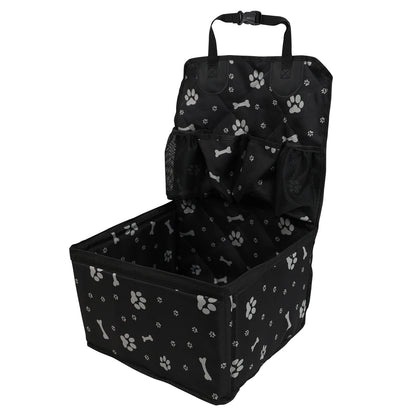 Black pet car seat with paw and bone pattern on a white background