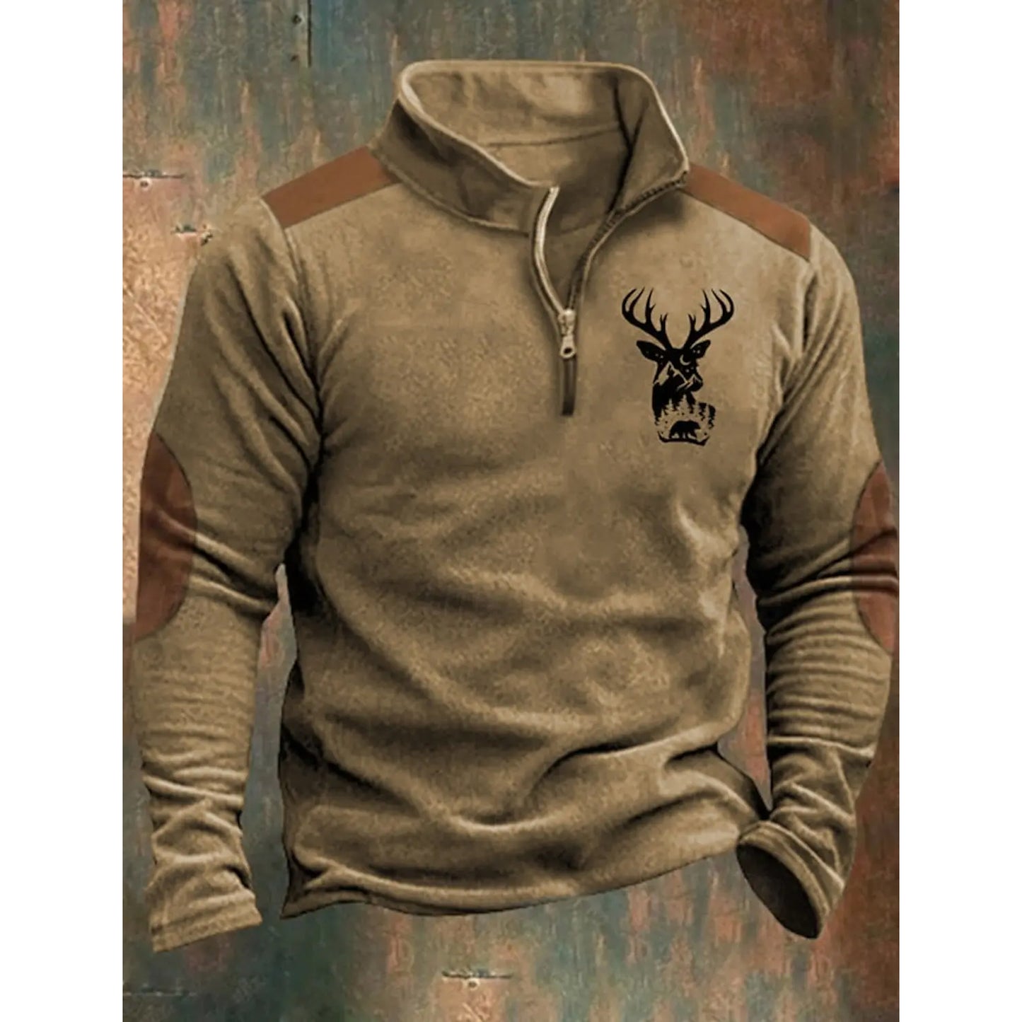 Brown long-sleeve shirt with a deer emblem on a textured background