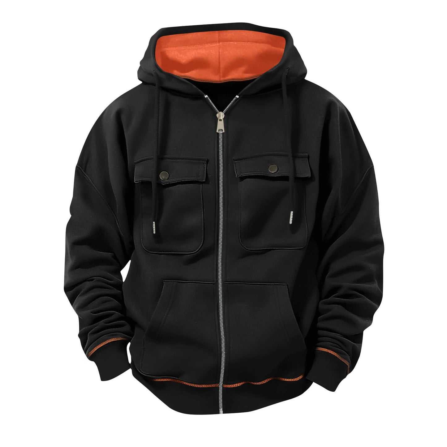 Black hoodie with orange lining on a white background
