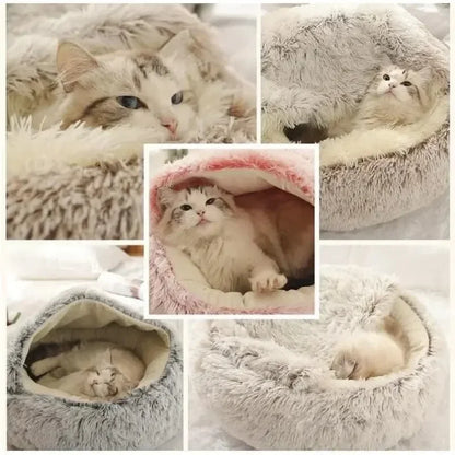 Collage of a cat lounging in various fluffy pet beds.