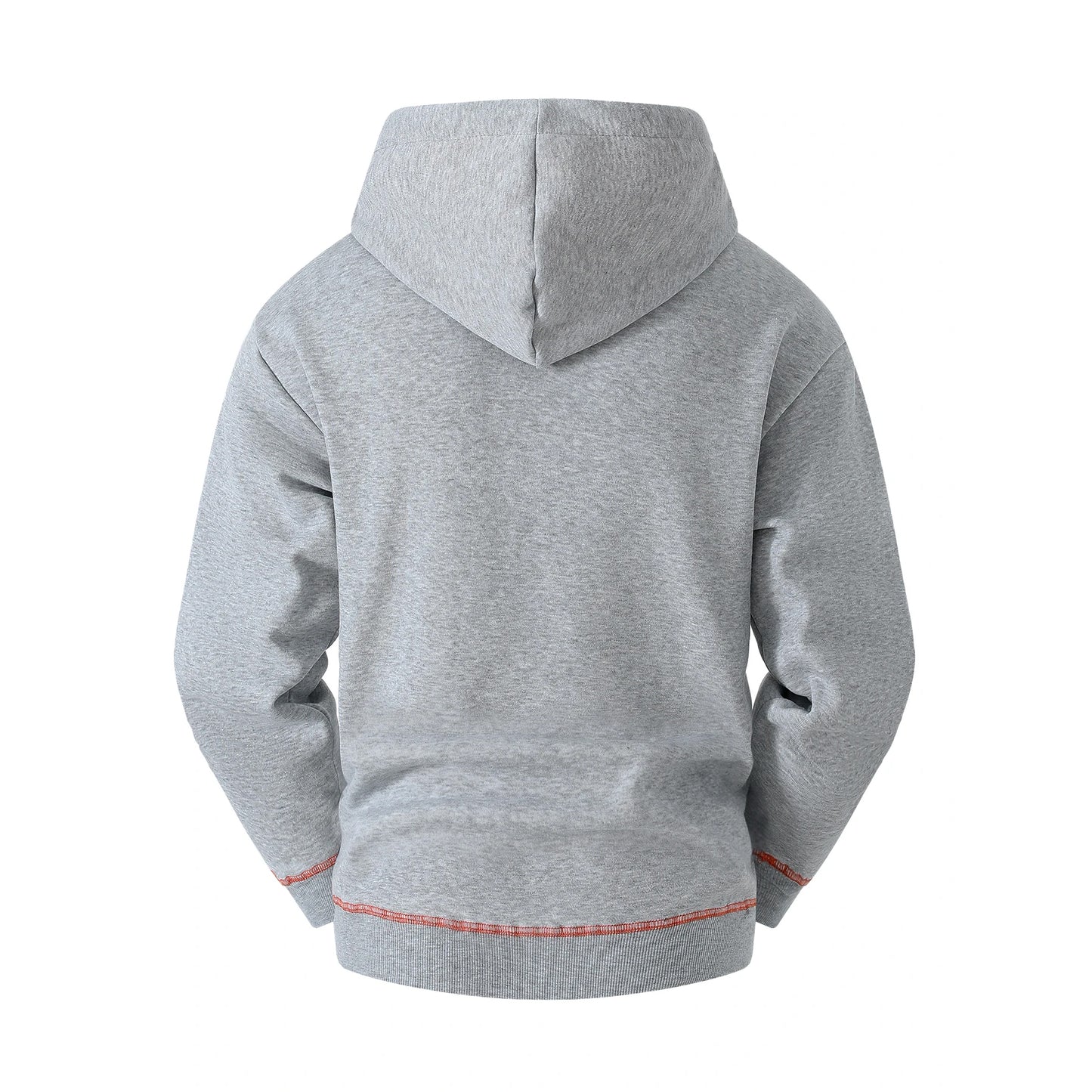 Gray hoodie with red stitching on a white background