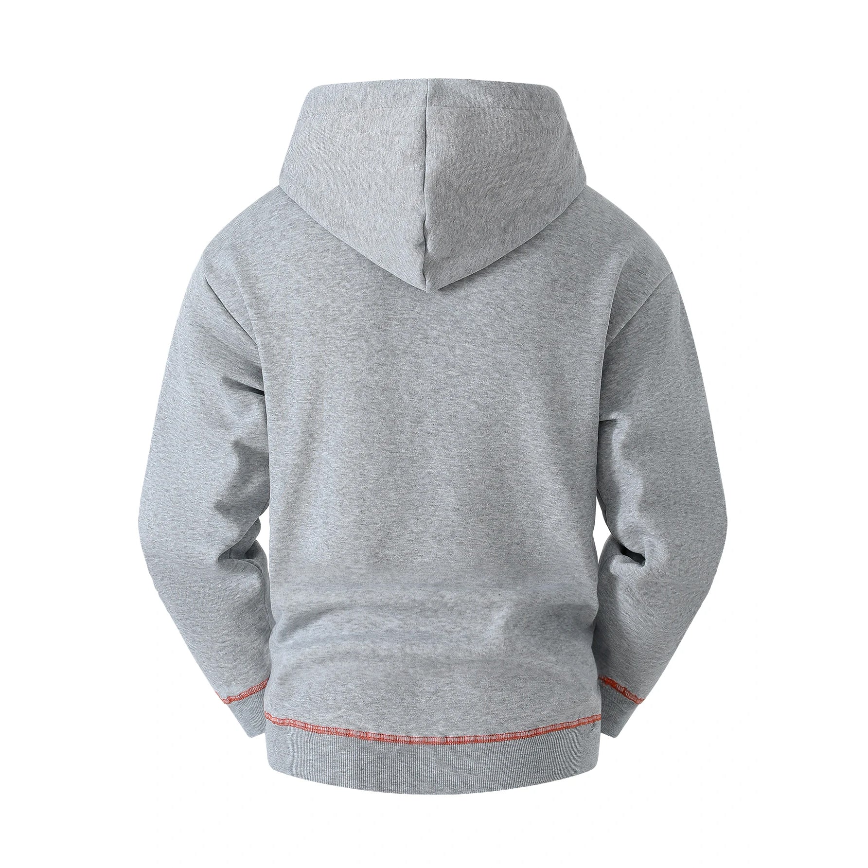 Gray hoodie with red stitching on a white background