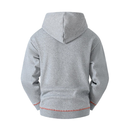 Gray hoodie with red stitching on a white background
