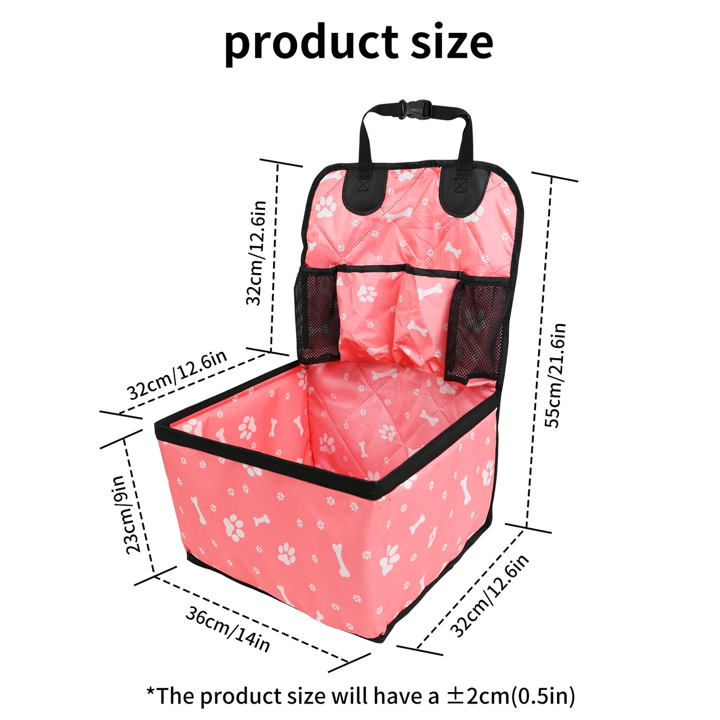 Pink pet car seat with dimensions on a white background