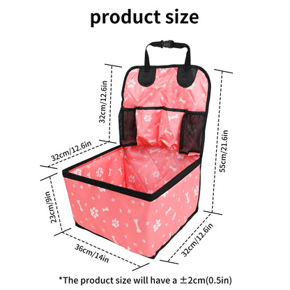 Pink pet car seat with dimensions on a white background