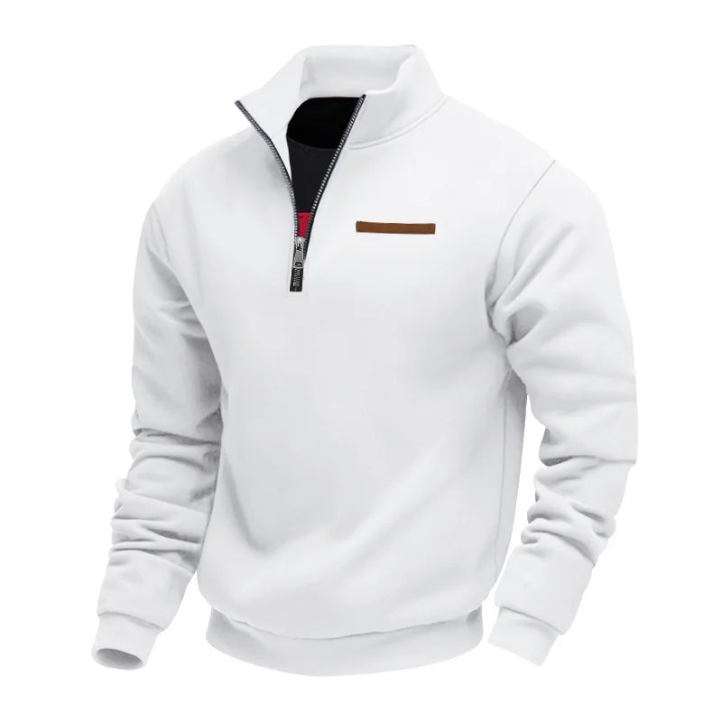 White half-zip sweatshirt with black zipper and brown patch on a white background