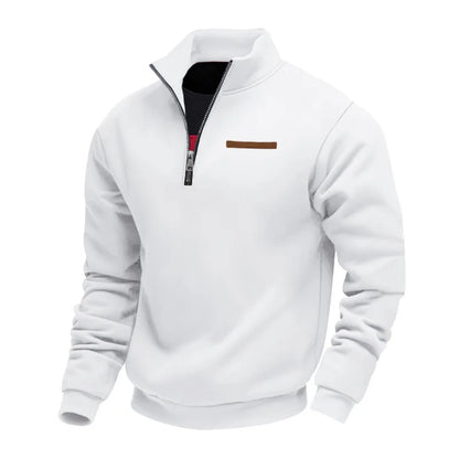 White half-zip sweatshirt with black zipper and brown patch on a white background