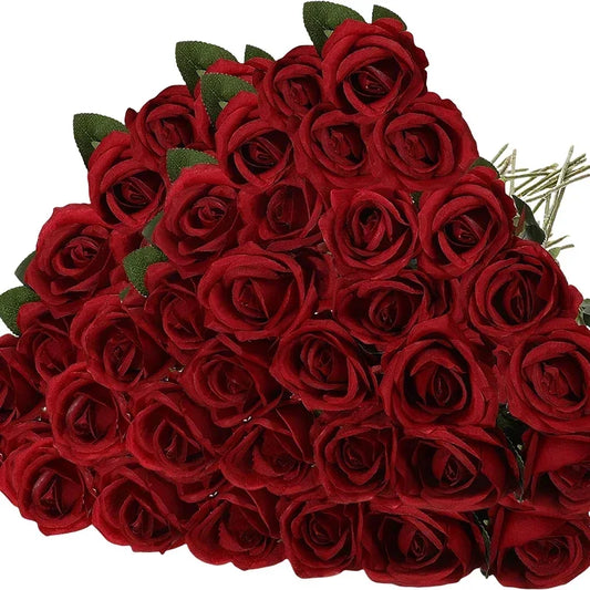 50 Pcs Artificial Real Touch Velvet Roses