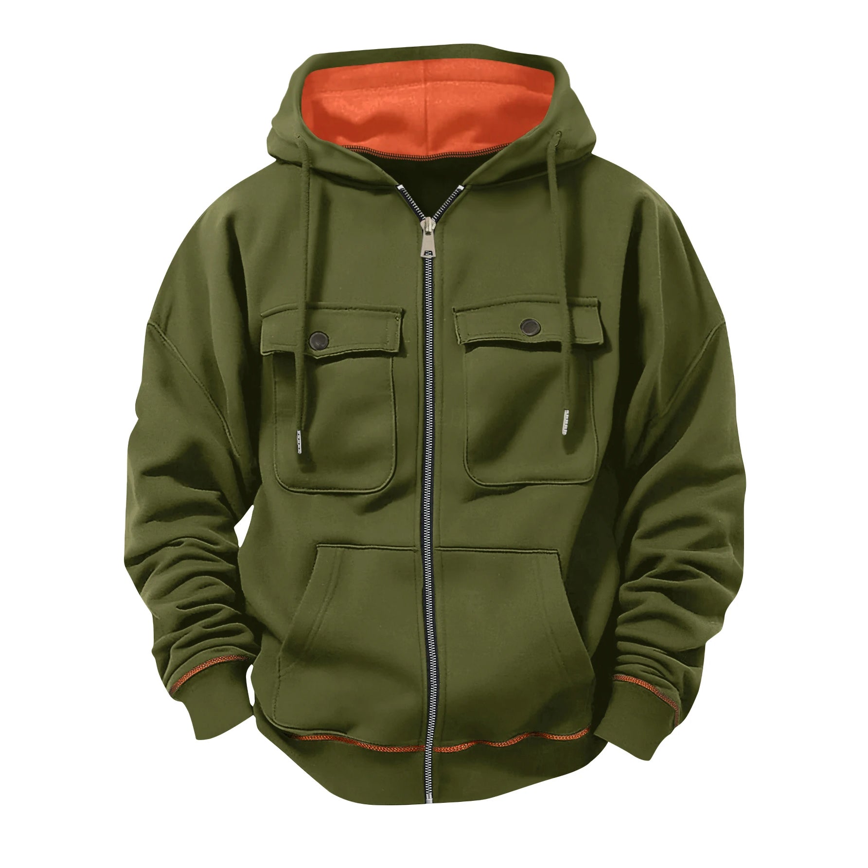 Green hoodie with orange lining on a white background