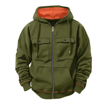 Green hoodie with orange lining on a white background