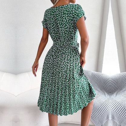 Floral Short Sleeve Pleated Dress